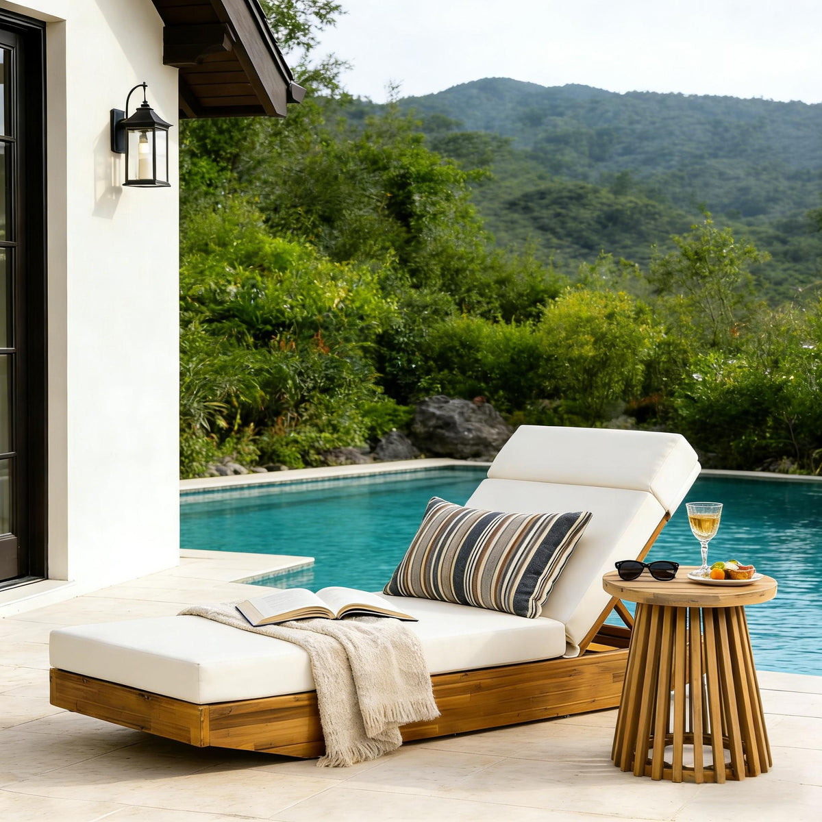 Modern Acacia Wood Outdoor Chaise Lounge
