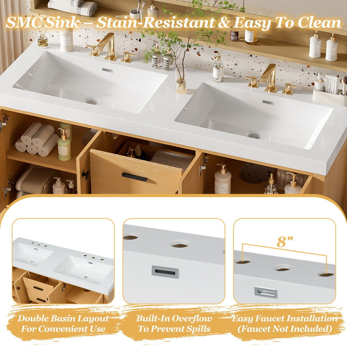 Bathroom Vanity With Double Sink, Soft Close Doors & Drawers Handles - Wood