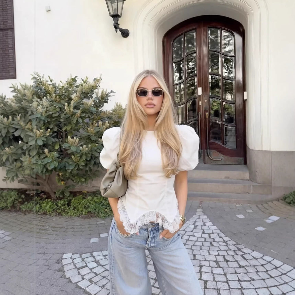 Fashionable Casual Top With Flared Hem And Puff Sleeves