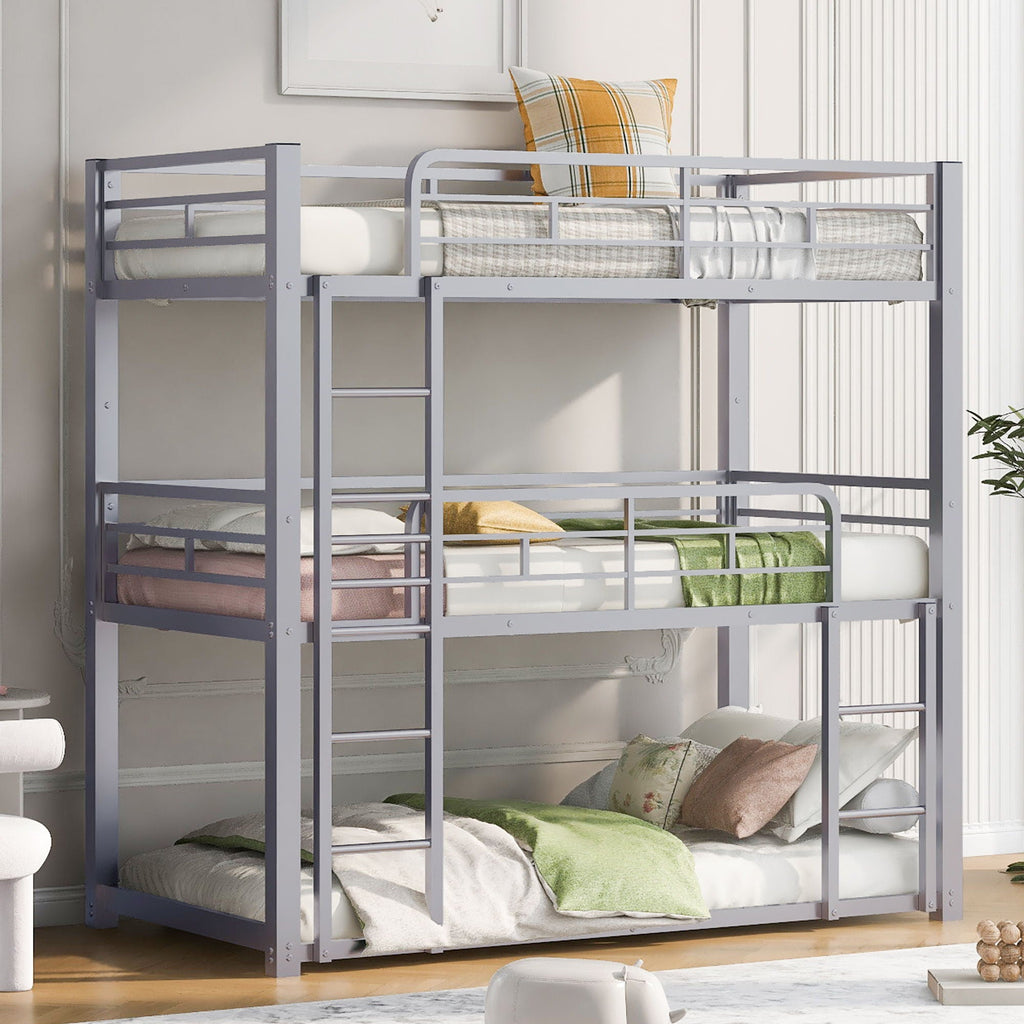 Triple Bunk Bed With Sturdy Construction And Space Saving Design