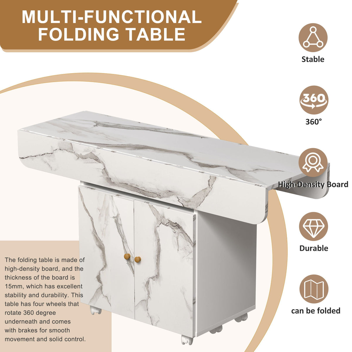 Versatile Marble Folding Dining Table With Storage Rack And Cabinet, 6 Wheels - White