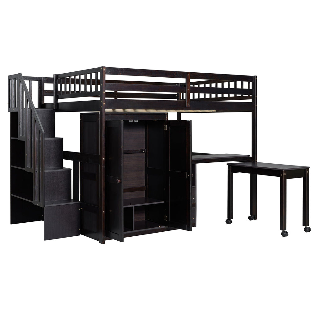 Loft Bed With Stairs, Bookshelf, Drawers, Desk & Wardrobe, Space Saving Multifunctional Furniture