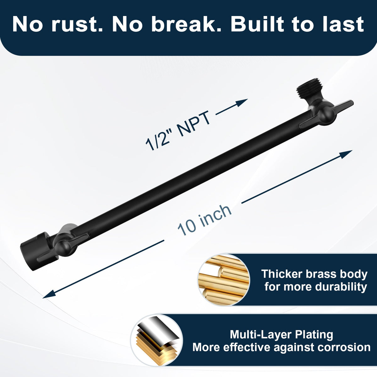 10 Inch Brass Shower Head Extension Arm, Height & Angle Adjustable