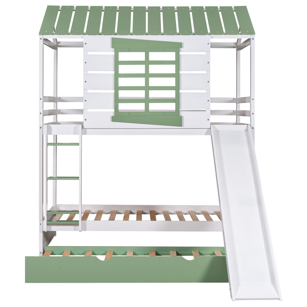 Twin Over Twin House Bunk Bed With Convertible Slide And Trundle - White