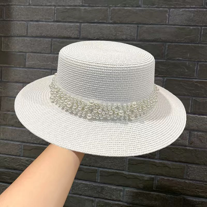 Retro Fashion Versatile Pearl Flat Top Sun Protection Beach Hat