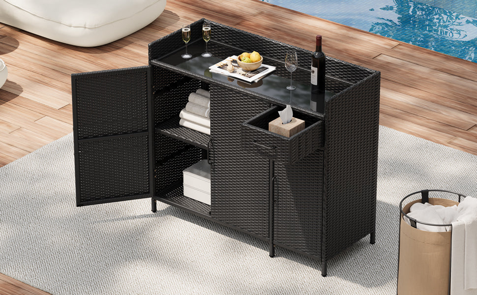 K&K 47.5"W Wicker Outdoor Storage Cabinet with Tempered Glass Top