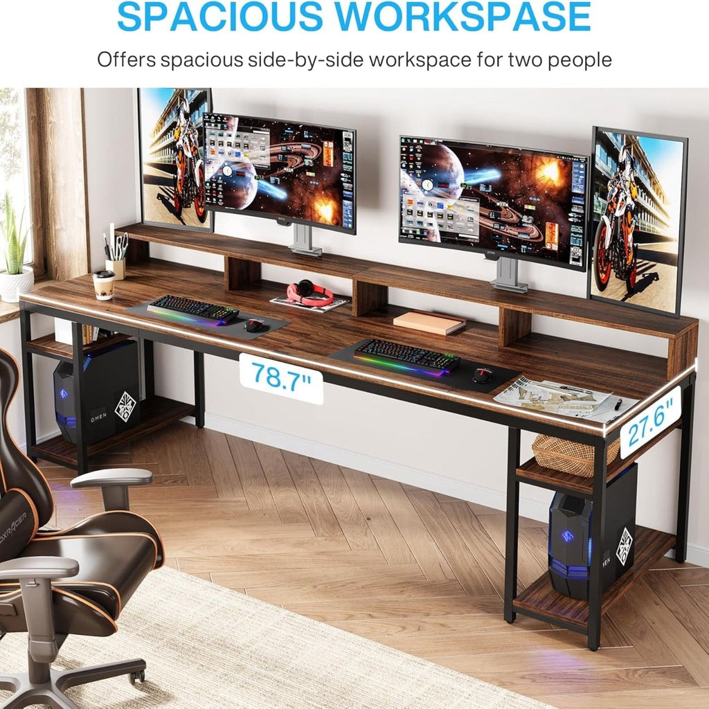 2 Person Desk With Monitor Stand, Long Office Workstation With Dual Storage Shelves And Frame - Brown / Black