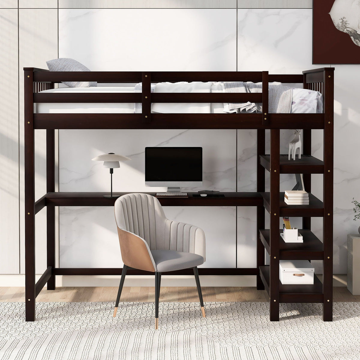 Loft Bed With Storage Shelves And Under Bed Desk