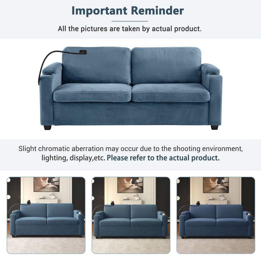 Sleeper Sofa Loveseat Sofa With Full Size Mattress, 2 USB Ports, 2 Cup Holders, 2 Side Pockets And Phone Holder