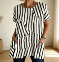 Black & White Abstract Stripe Print Short Sleeve Tunic Top With Pockets