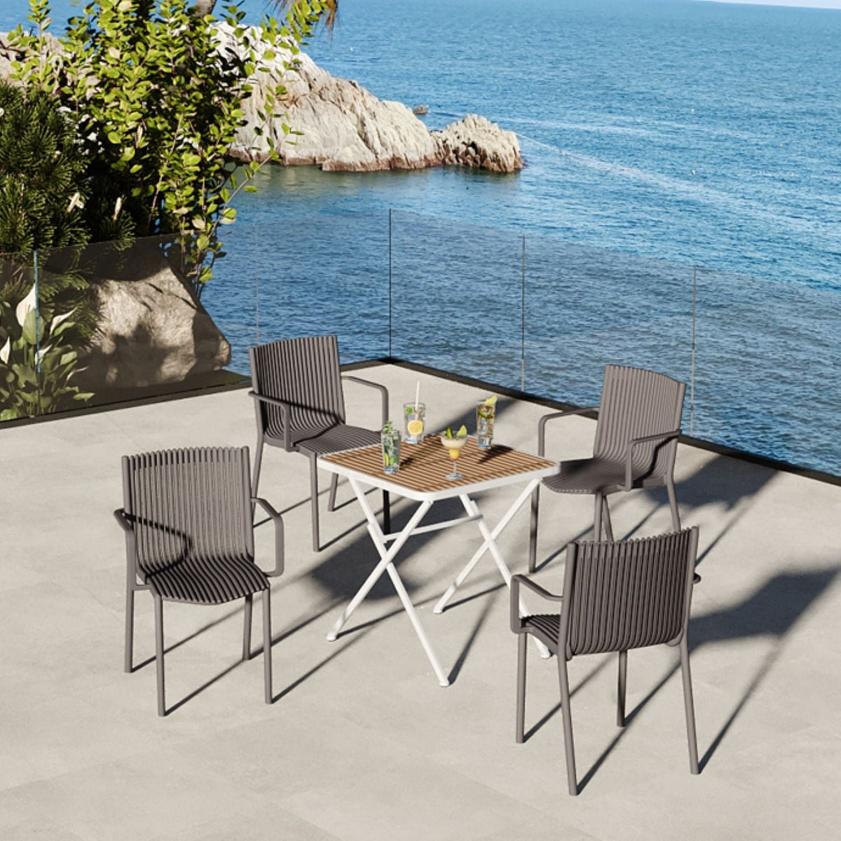 4 Modern Stackable Plastic Armchair Matched With Folding Square Table