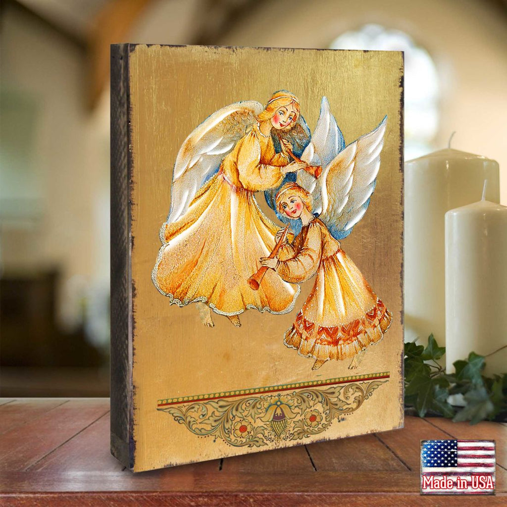 Angels Watching Over You Wooden Gold Plated Religious Christian Sacred Icon - Inspirational Icon Decor - 85046