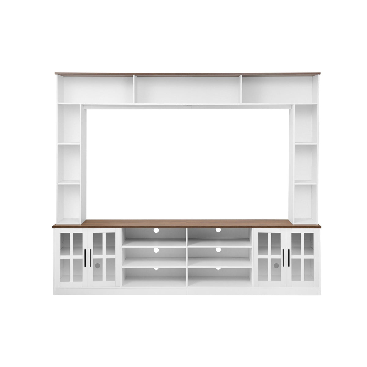 Wall Unit Entertainment Center With Bookshelves For TVs Up To 80", Tempered Glass Doors And Adjustable Shelves
