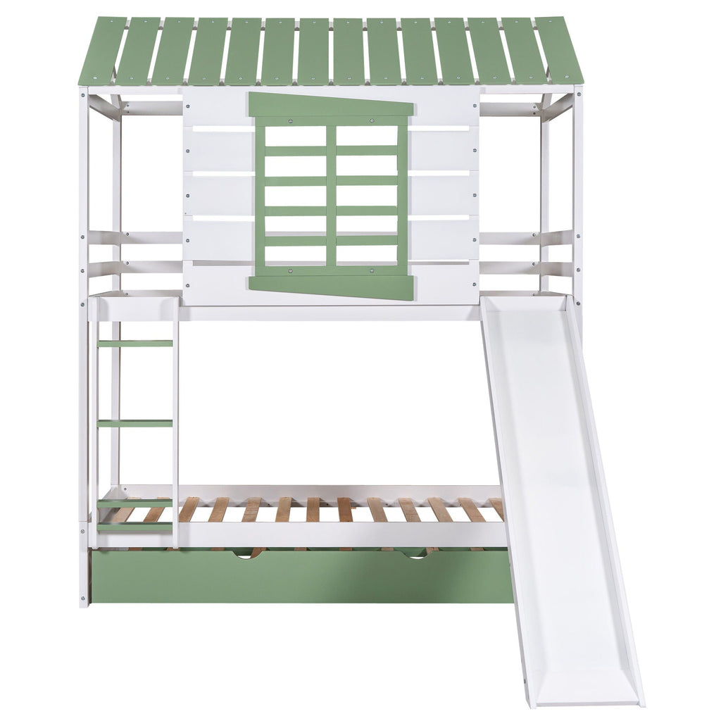 Twin Over Twin House Bunk Bed With Convertible Slide And Trundle - White
