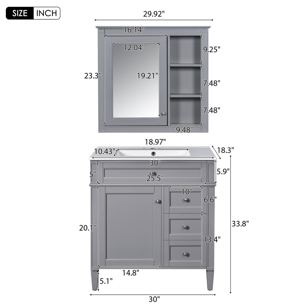 Bathroom Vanity With Top Sink, Storage Cabinet & Mirror - Gray