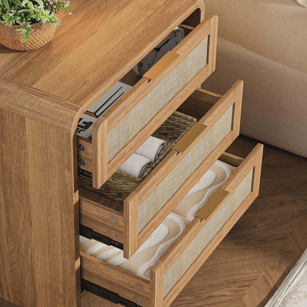 Rattan Nightstand Set of 2 with 3 Drawers in Caramel Oak