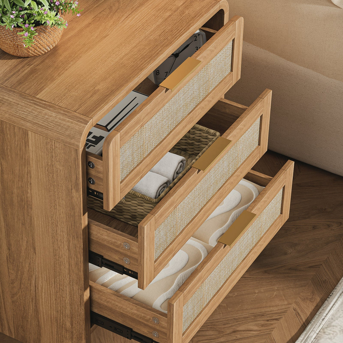 Rattan Nightstand Set of 2 with 3 Drawers in Caramel Oak