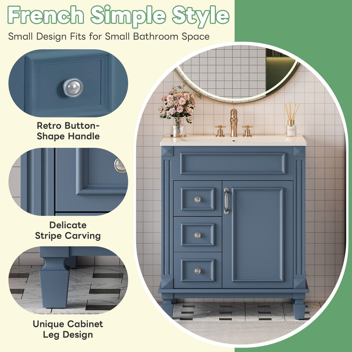 Bathroom Vanity With Sink, Compact Cabinet & 2 Drawers And Adjustable Shelf