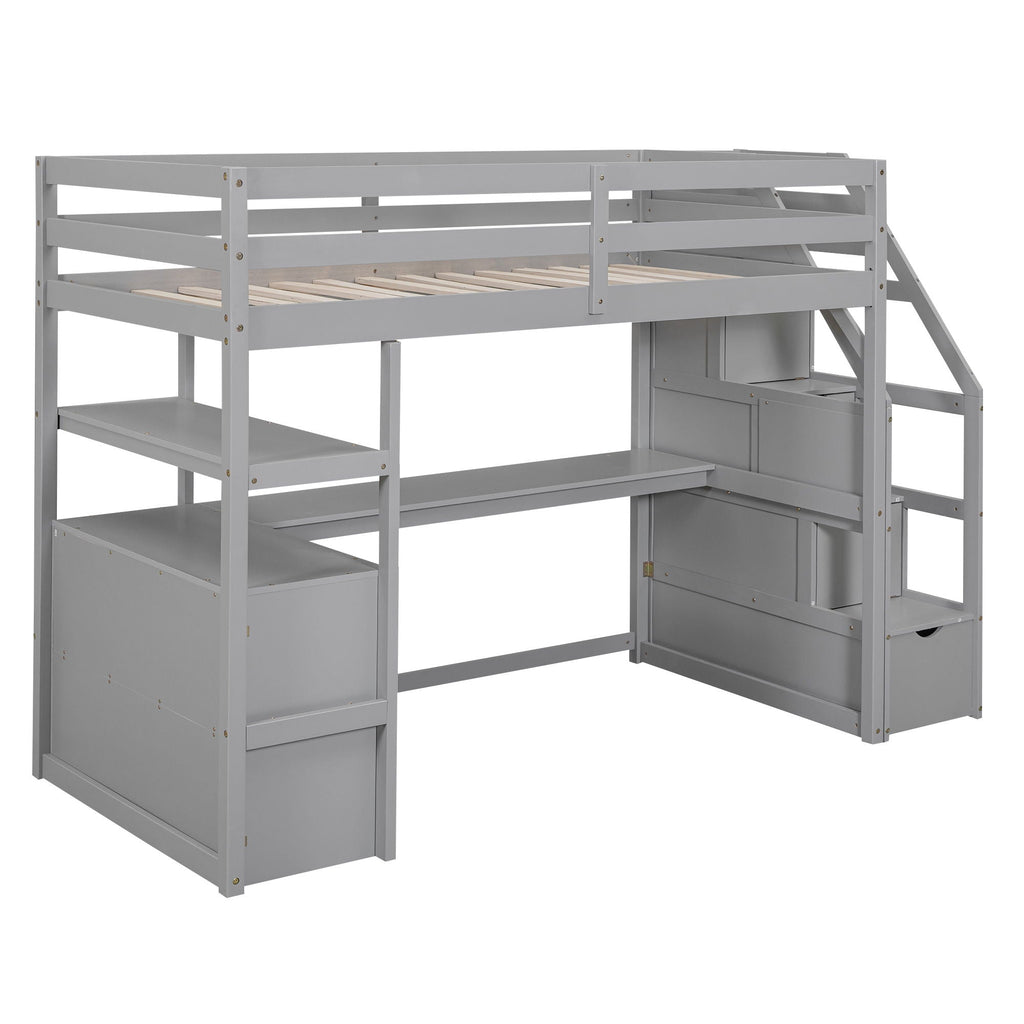 Loft Bed With Desk, Shelves, 2 Drawers, Storage Staircase