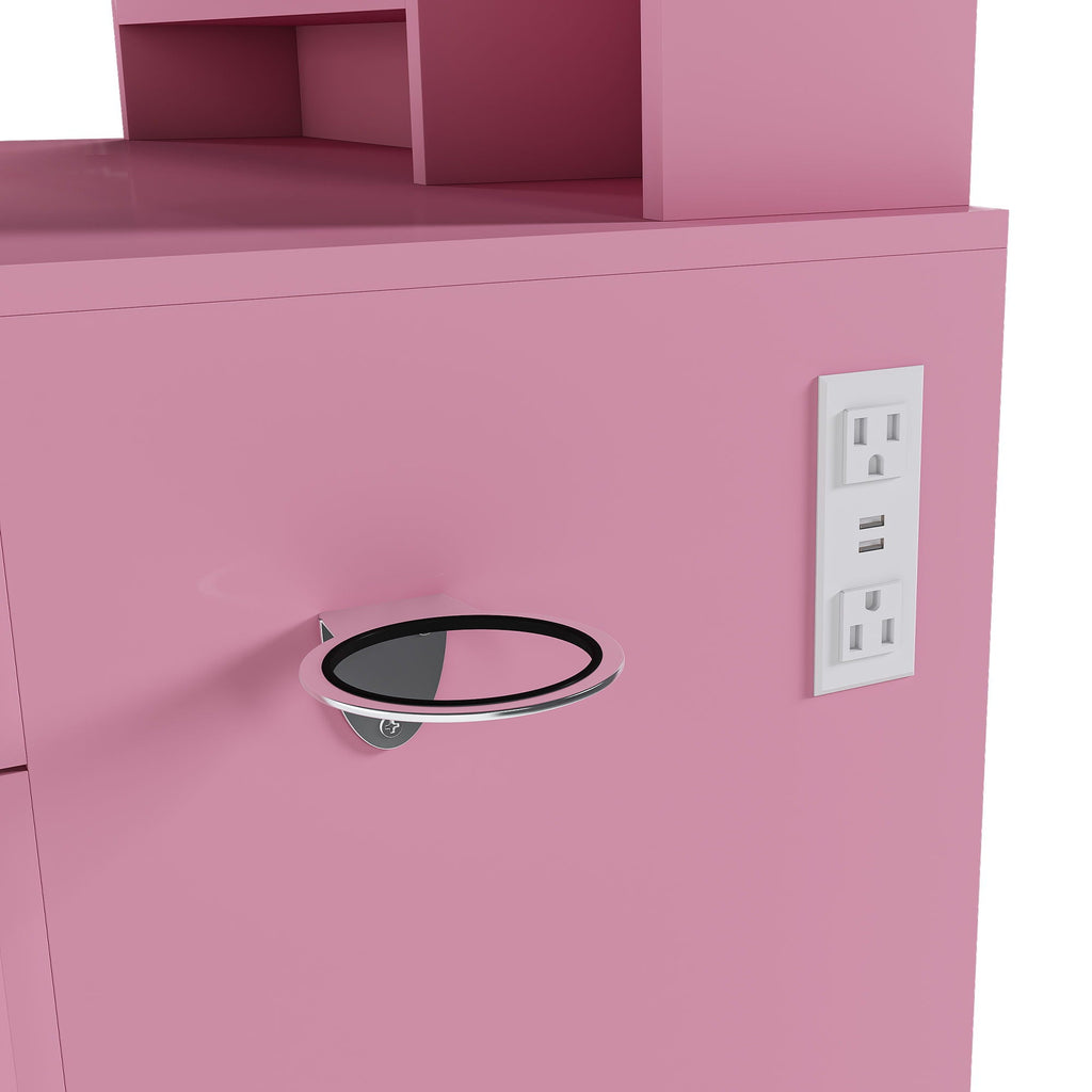 Vanity Desk With LED Mirror Lights And Power Outlet Charging Station, 3 Drawers, 7 Shelves, Storage Stool - Pink
