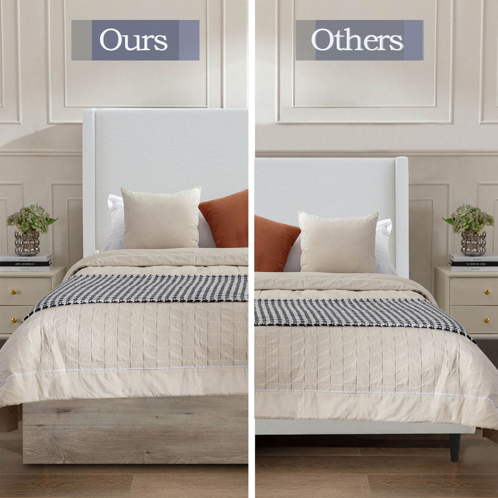 Shelton - Queen Upholstered Wingback Bed With 54" High Headboard - Ivory / Light Gray / Camel Oak