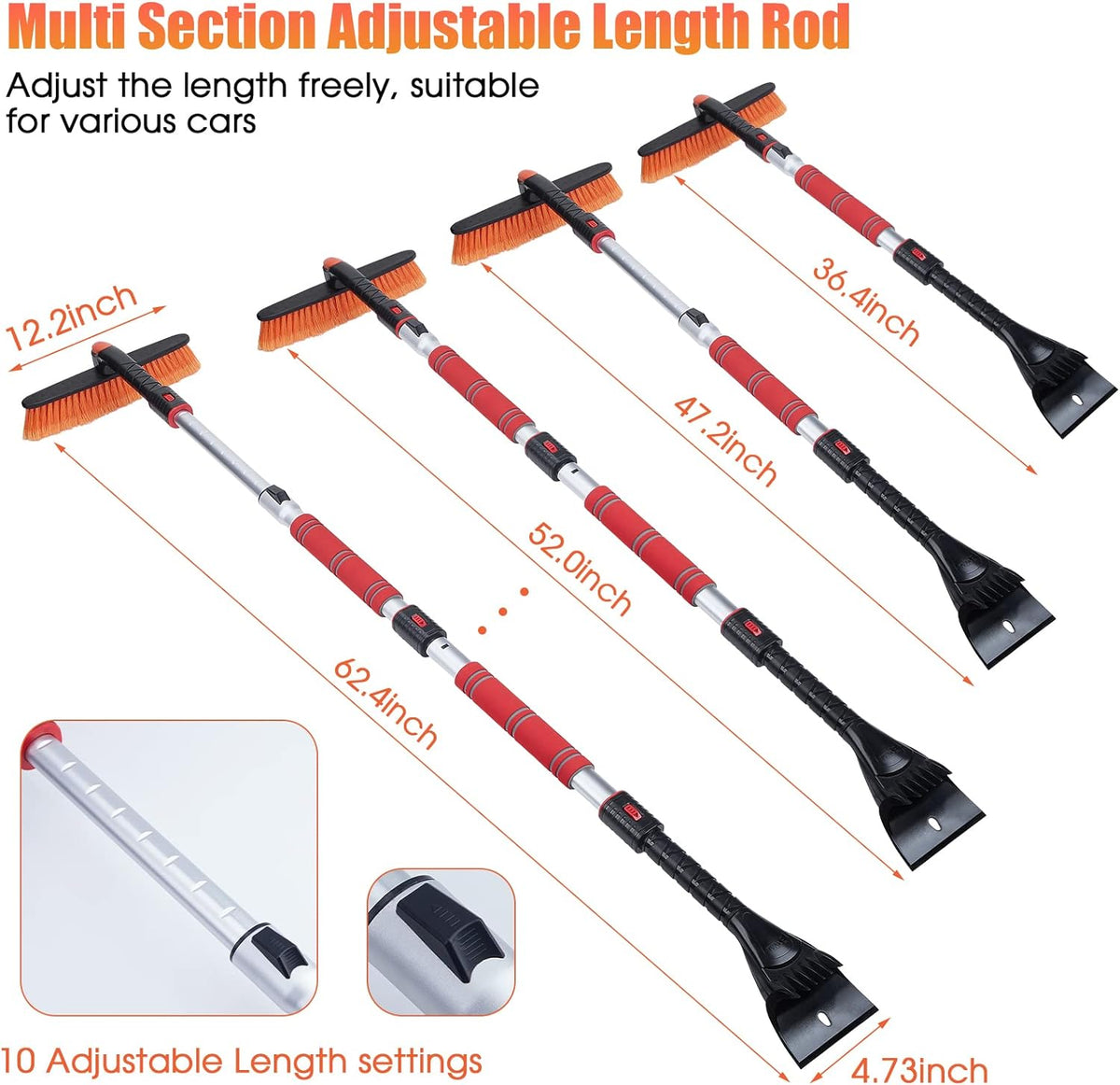 62.4" Extendable Snow Brush and Wider Ice Scraper (4.73" Width) with 360° Pivoting Brush Head, Snow Removal Tool Car Brush with Comfortable Foam Grip for Car Windshield, Trucks, Suvs