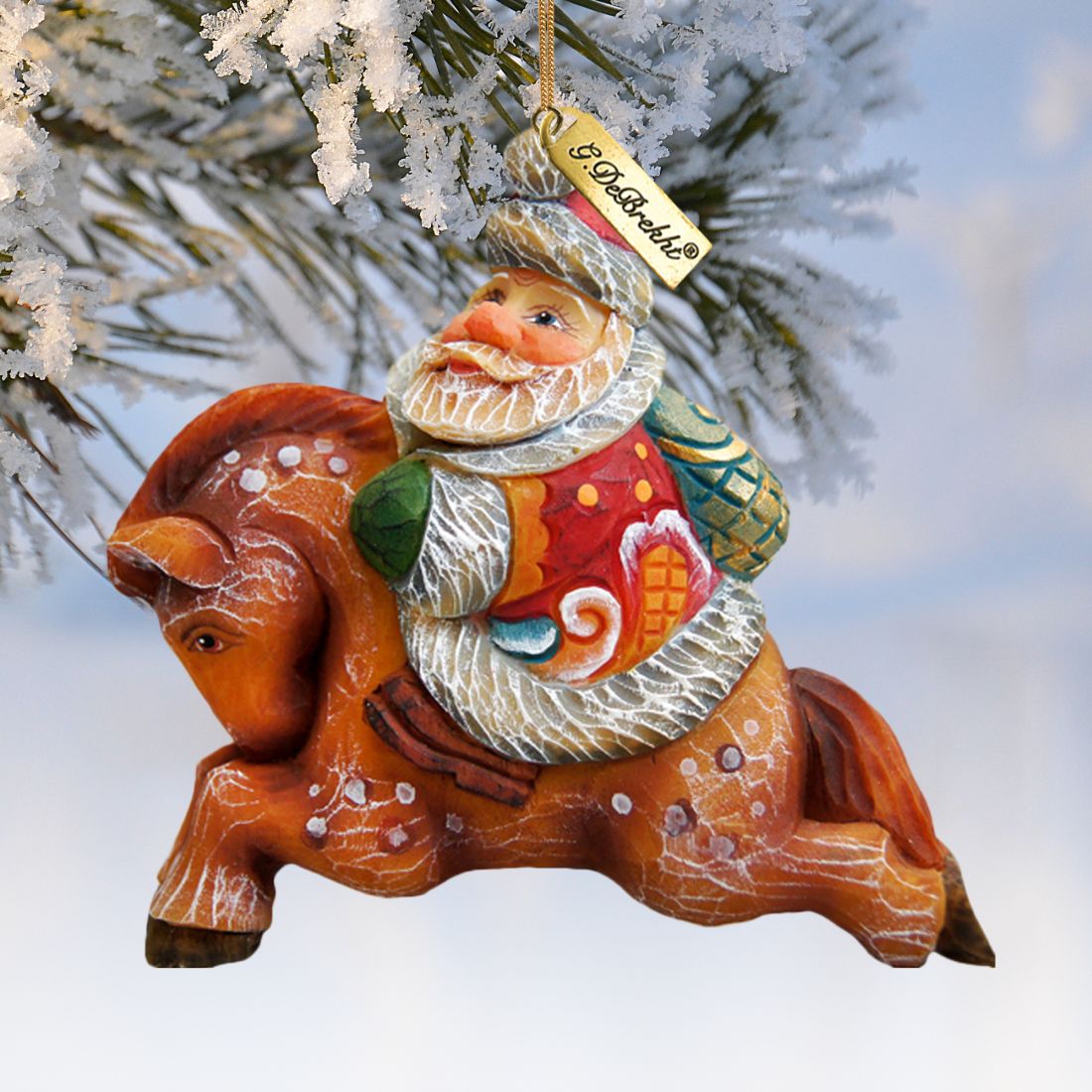Santa On Pony Sculpted Hand-Painted Christmas Ornament by G. DeBrekht - Christmas Santa Snowman Decor - 63123