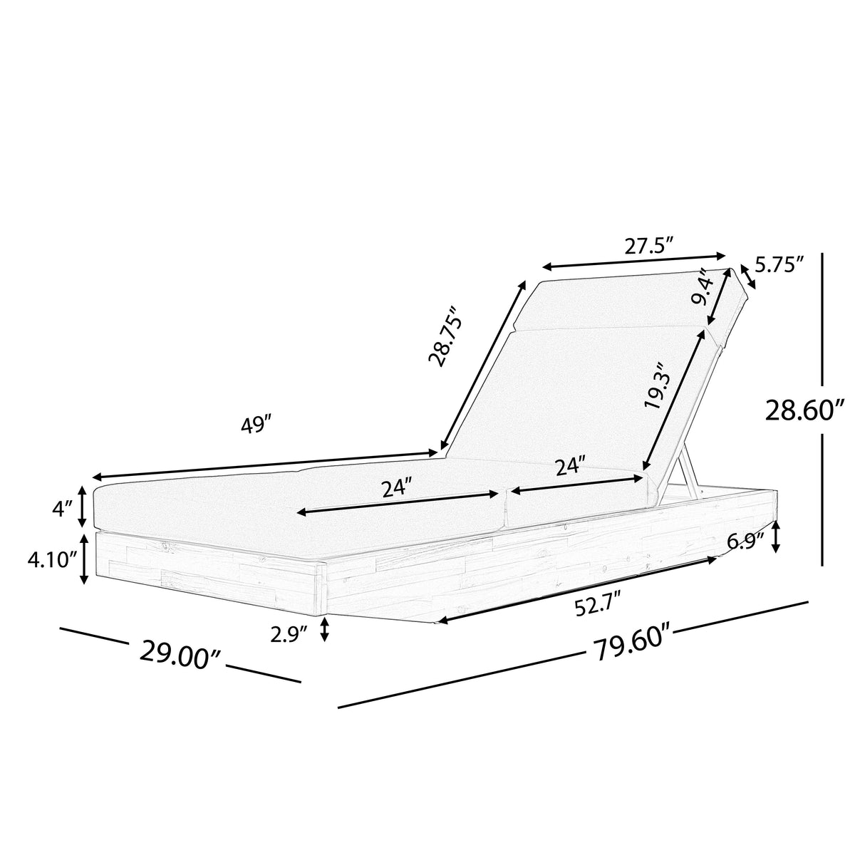 Modern Acacia Wood Outdoor Chaise Lounge