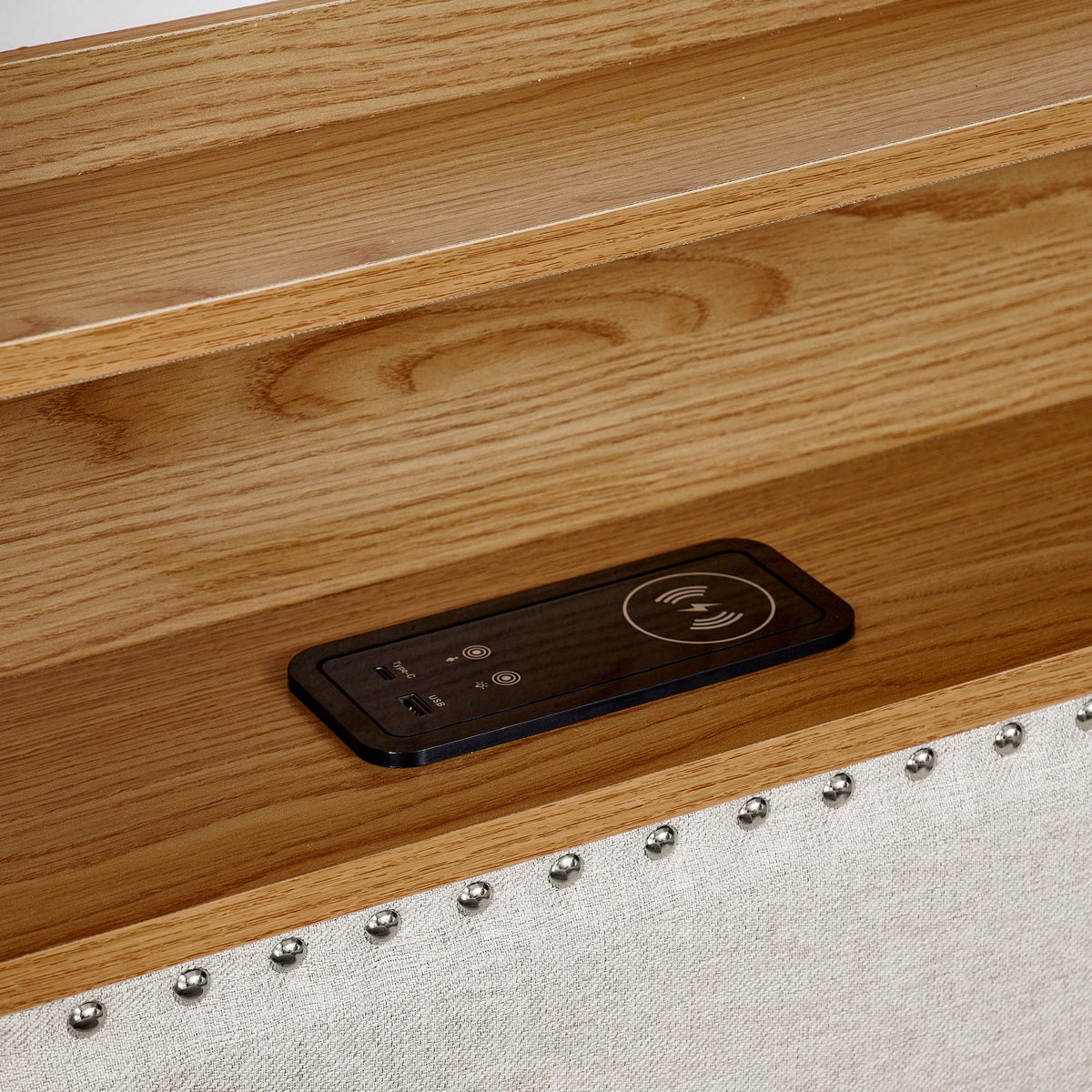 Twin Upholstered Sofa Bed With LED Lights, Storage Drawers, Adjustable Headboard & Wireless Charging - Beige