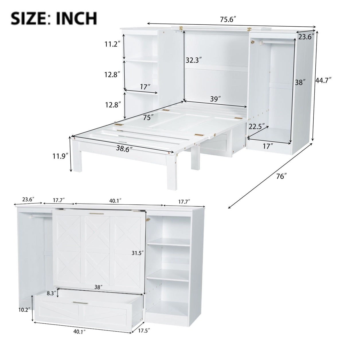 Twin Size Murphy Bed With Bedside Shelves And Wardrobe - White