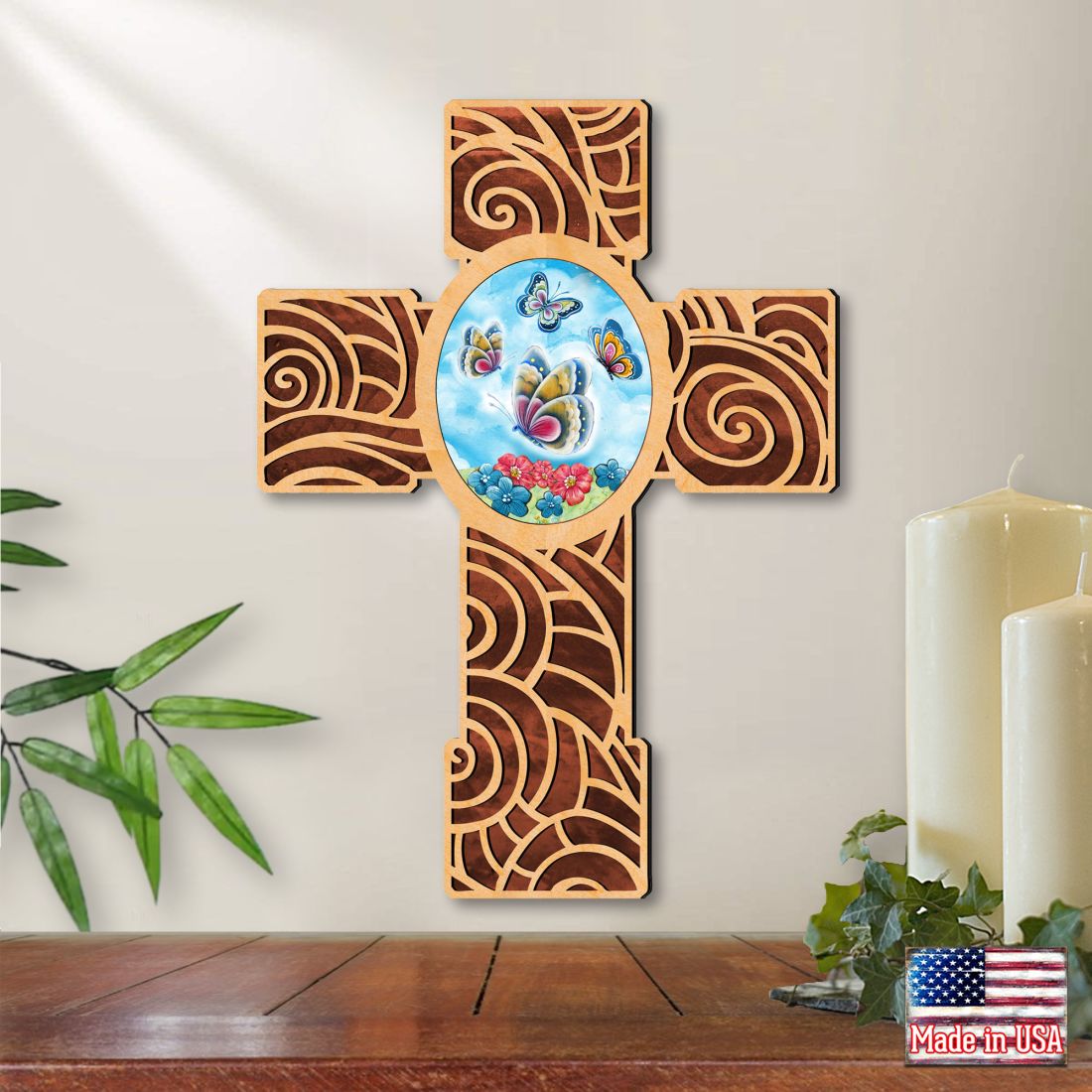 New Life Butterfly Modern Wooden Cross by Museum Icons - Inspirational Icon Decor - 88290
