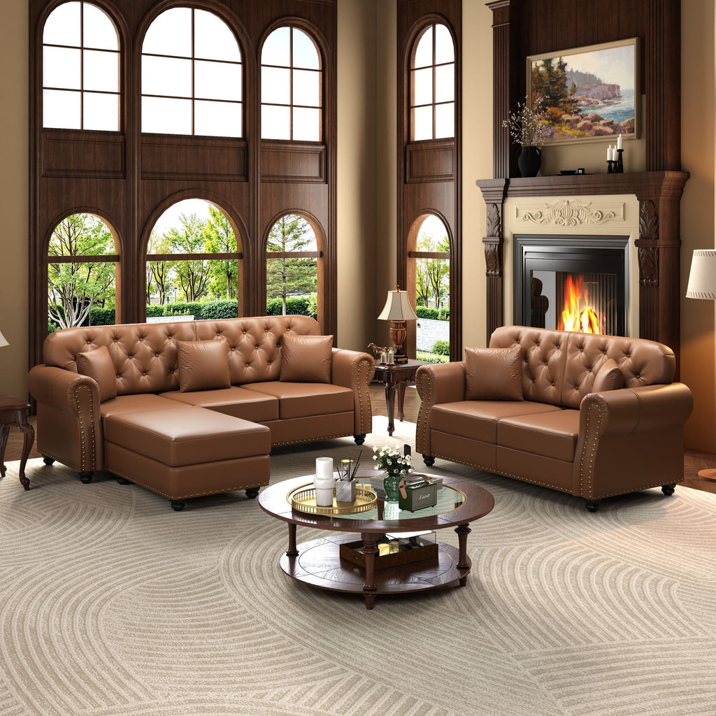 Upholstered Sofa With Nailhead Trim, Rolled Armrests With Ottoman
