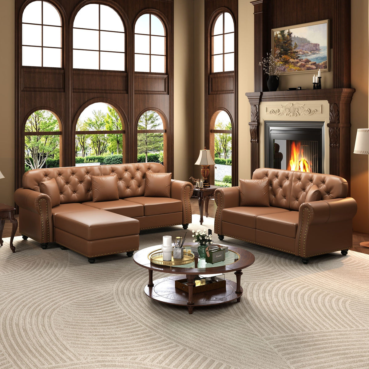 Upholstered Sofa With Nailhead Trim, Rolled Armrests With Ottoman