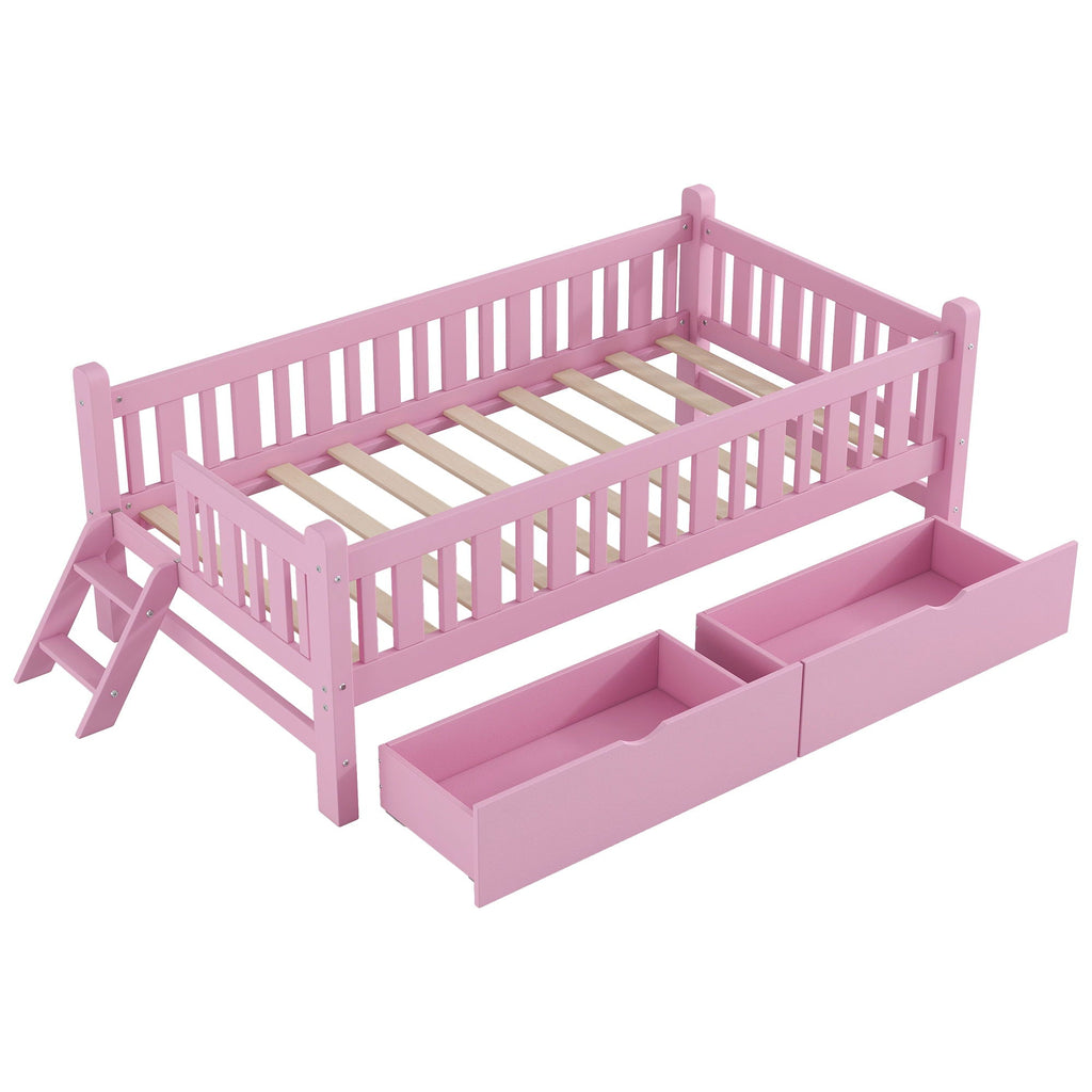 Platform Bed With Guardrail And 2 Drawers