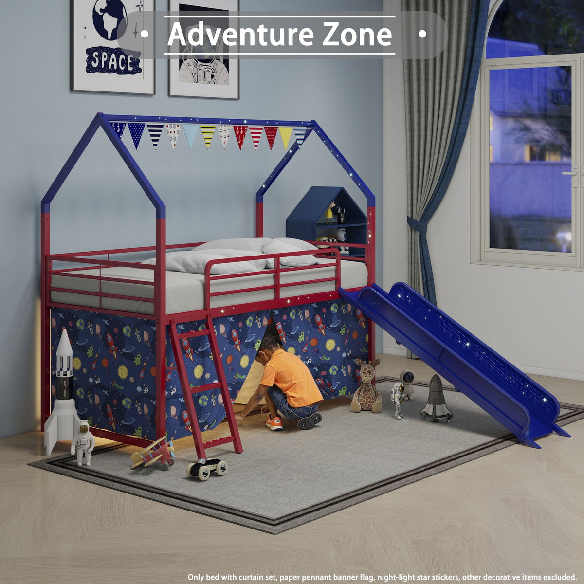 Jack - House Loft Bed With Slide And Curtain Set