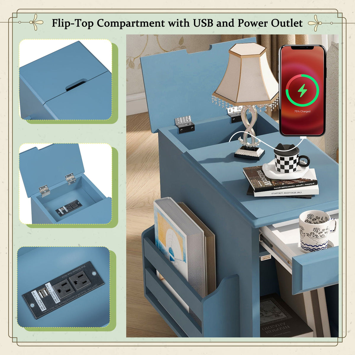 Vintage Flip Top Side Table With USB Ports