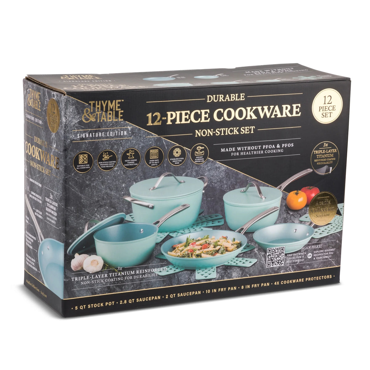 Thyme & Table 12 Piece Non-Stick Acadia Cookware Set, Pots and Pans Set - Blue