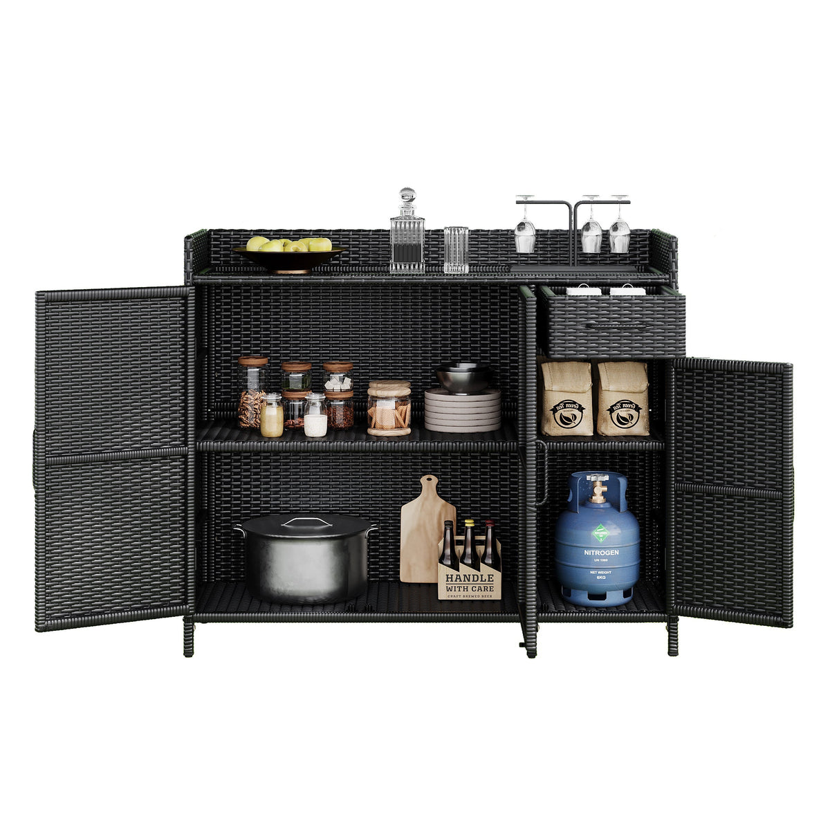 K&K 47.5"W Wicker Outdoor Storage Cabinet with Tempered Glass Top