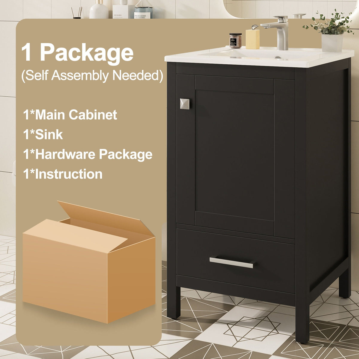 Bathroom Vanity With Ceramic Sink, Soft Close Drawers, Door Organizer, Divider Drawer, Adjustable Foot Pads
