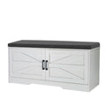 2 Tier Shoe Bench With Padded Seat, 2 Barn Doors And Adjustable Shelves, For Entryway And Living Room - White