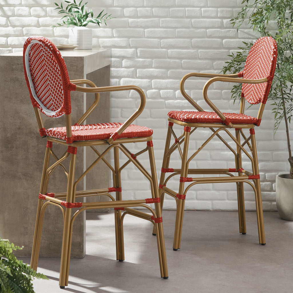 Outdoor Wicker and Aluminum French Barstools, Set of 2