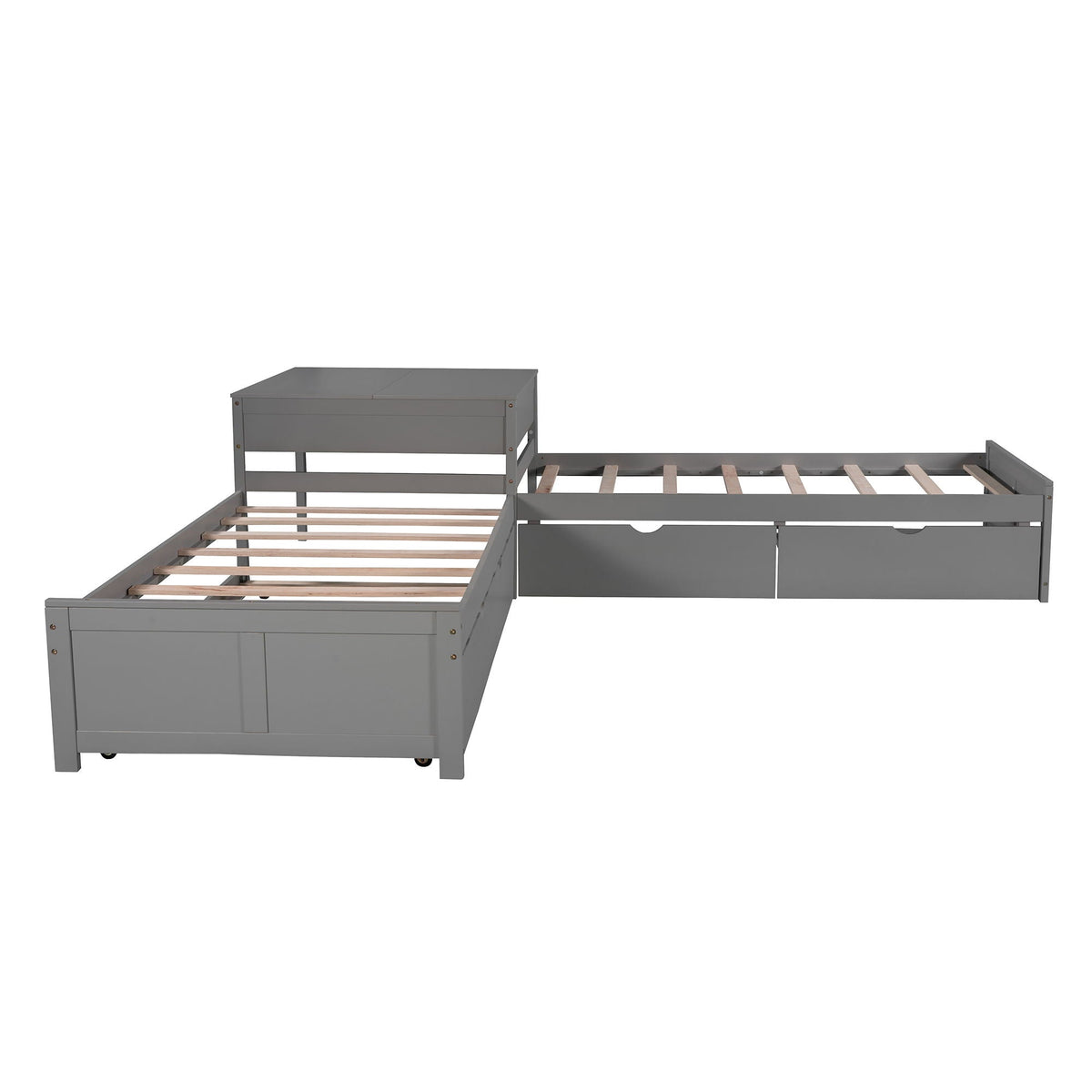 L Shaped Platform Bed With Trundle And Drawers Linked With Built In Desk