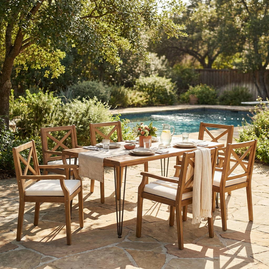 7 Pieces Acacia Wood Outdoor Dining Set with Cream Cushions