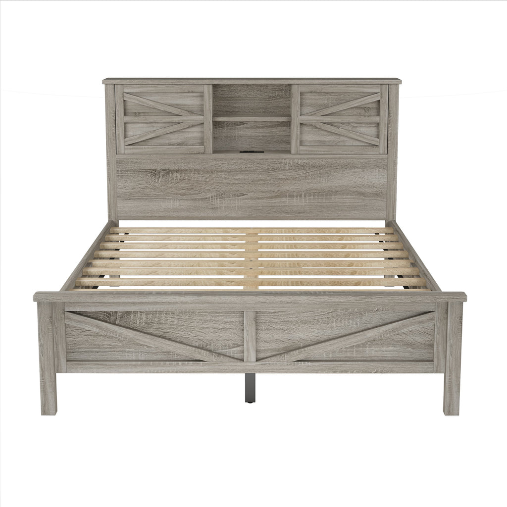 3-Pieces Bedroom Set Queen Size Farmhouse Platform Bed with Storage Headboard and Charging Station