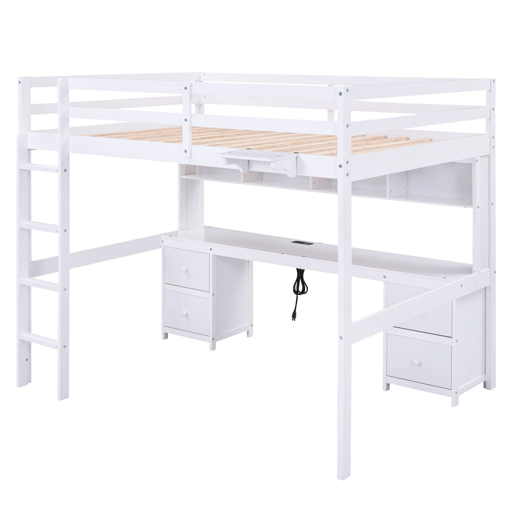 Full Size Loft Bed With Desk, Cabinets, Drawers, Charging Station And Bedside Tray, Sturdy Frame, No Box Spring Required - White