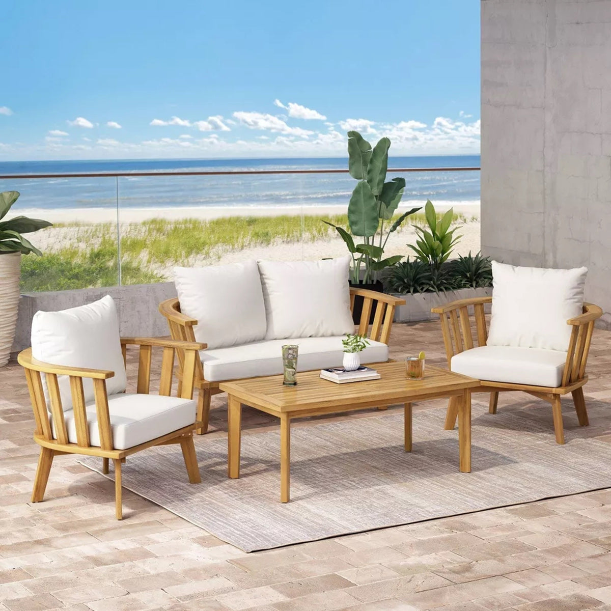 4-Pieces Acacia Wood Patio Furniture Set with Cushions