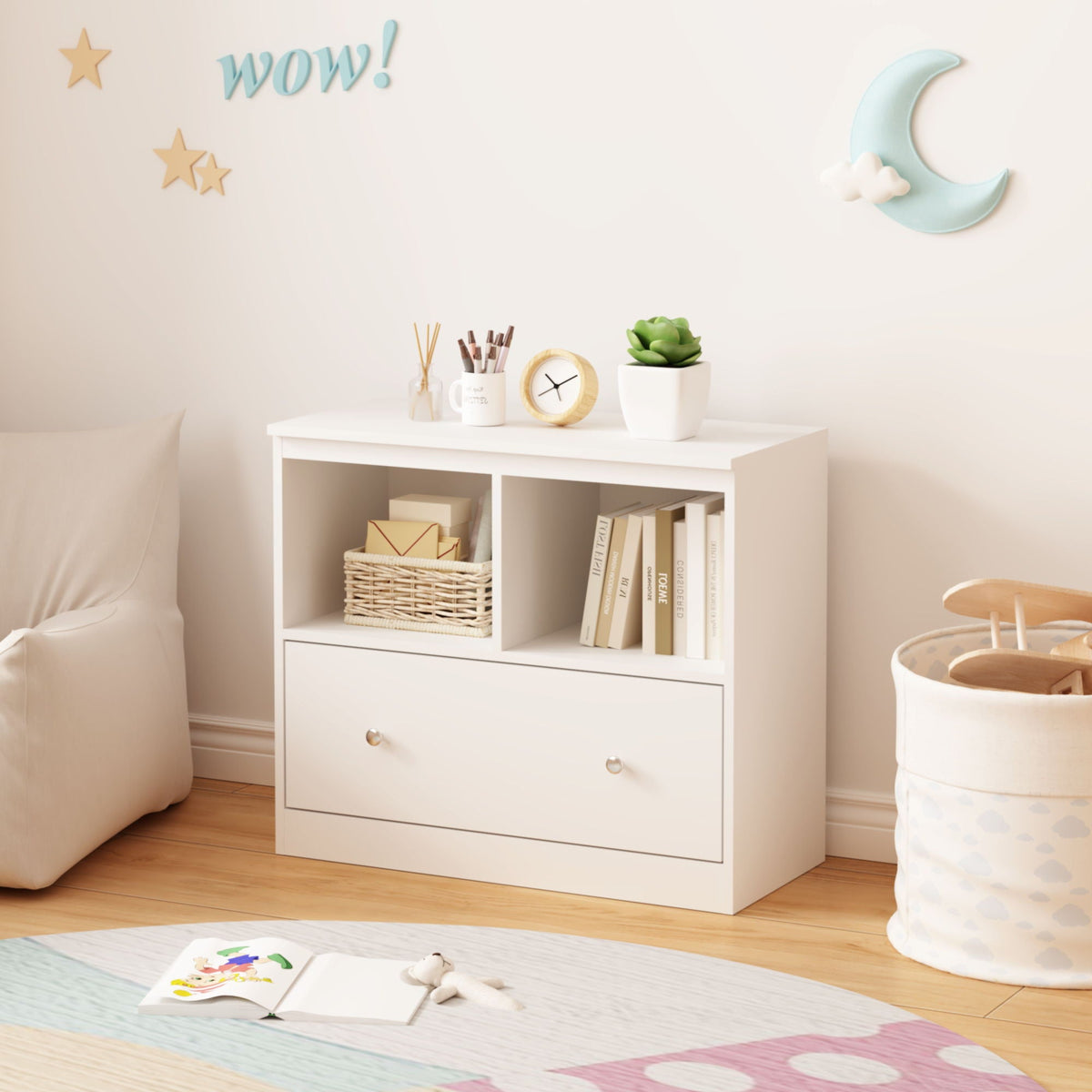 Toy Storage Organizer With Large Drawer And Low Bookshelf For Nursery & Playroom - White