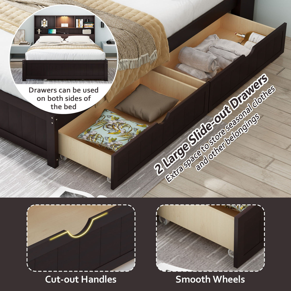 Platform Bed With Bookcase Headboard, Built-In Downlight, Charging Station, And 2 Side Drawers