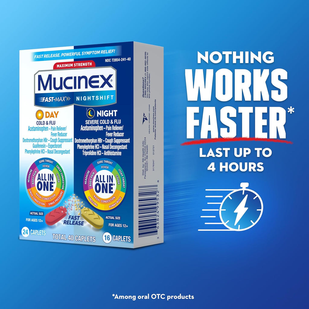 Fast-Max Day Cold and Flu & Nightshift Night Severe Cold and Flu Medicine for Adults, Day/Night Combo Pack for Fever, Sore Throat Relief, Decongestant, Cough & Cold Medicines, 40 Caplets