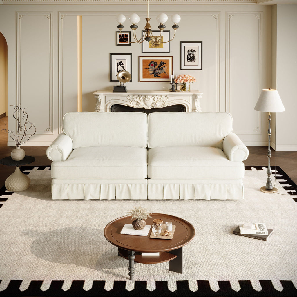Luxuriously Comfortable Cloud Couch With Elegant Rolled Arms & Pleated Skirt Design